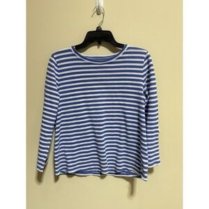 T by TALBOTS Blue White Striped Knit Blouse Button Cut-Out Long Sleeve Petite LP